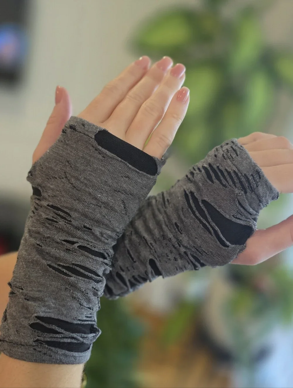 Gray Distressed Fingerless Arm Warmers Gloves Goth Grunge Punk